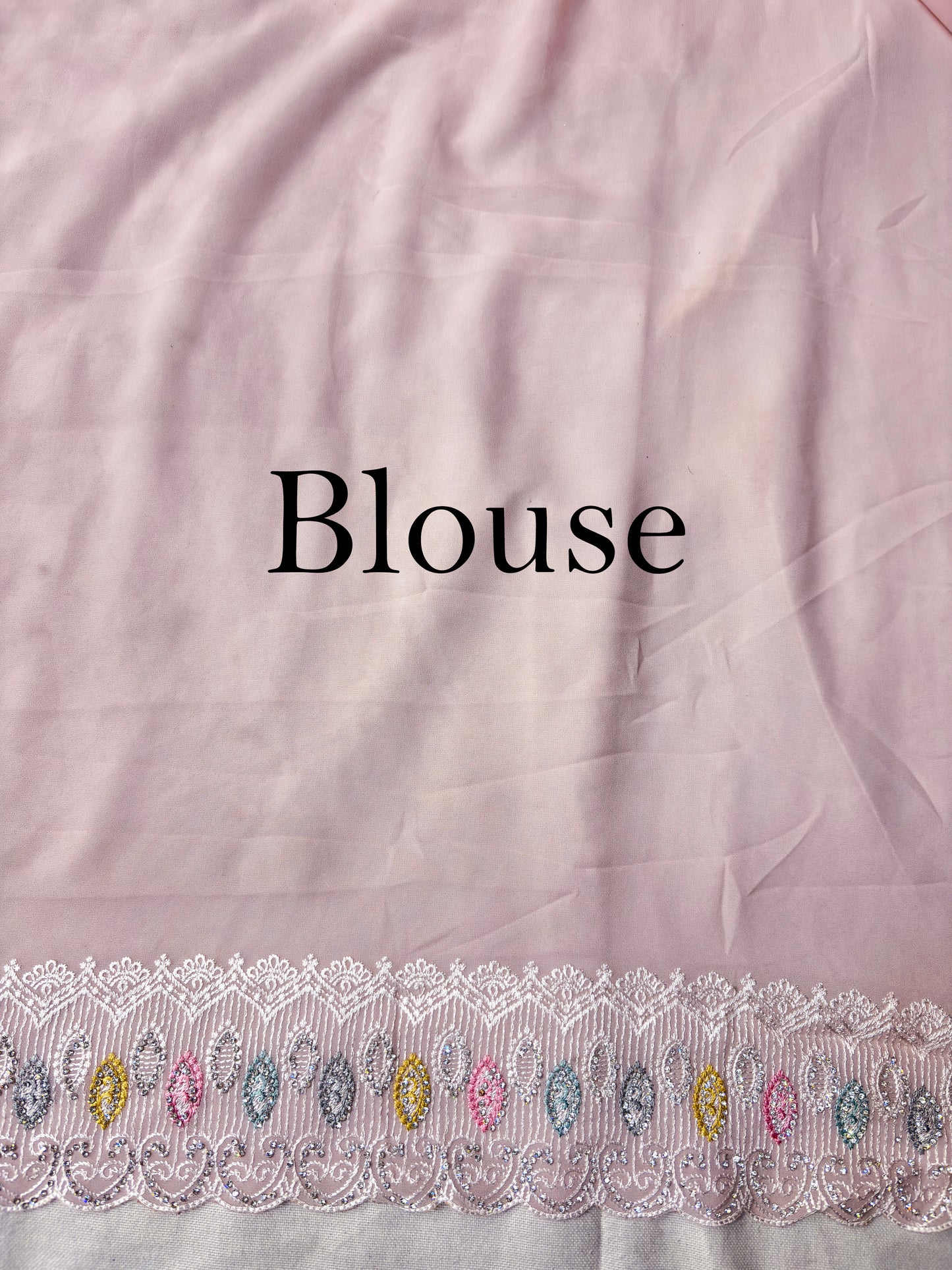 Blush Pink Saree with Multicolor Floral Embroidery & Sequin Work