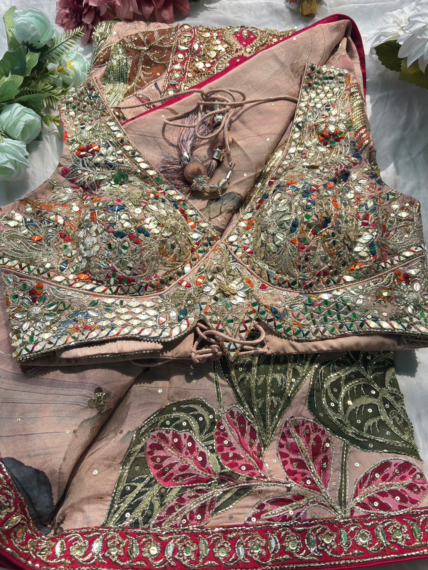 Designer Saree with Floral Print & Heavy Mirror Work Blouse