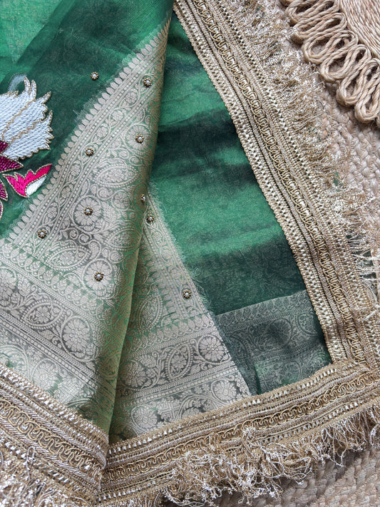Rajhansani Green Designer Saree with Lotus Embroidery Golden Border
