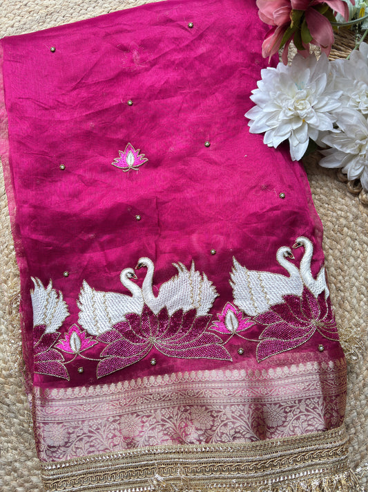 Rajhansani Rani Designer Saree with Lotus Embroidery Golden Border