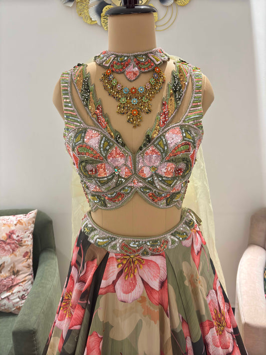 Floral Print Designer Lehenga with American Diamond Work Pink