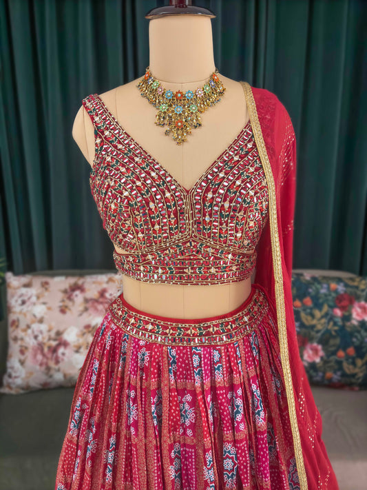 Floral Print Lehenga with Miror & Multi Resham Work Blouse