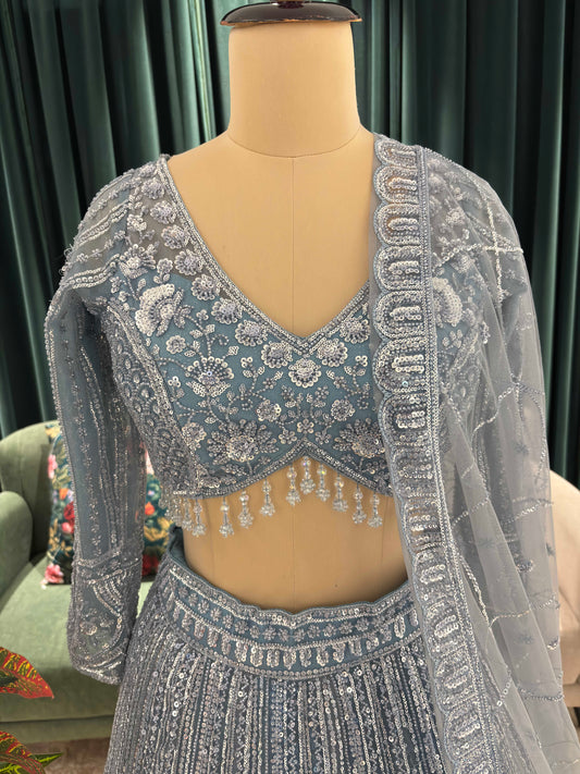 Hand-Embroidered Lehenga in Zari & Sequins with Sheer Dupatta