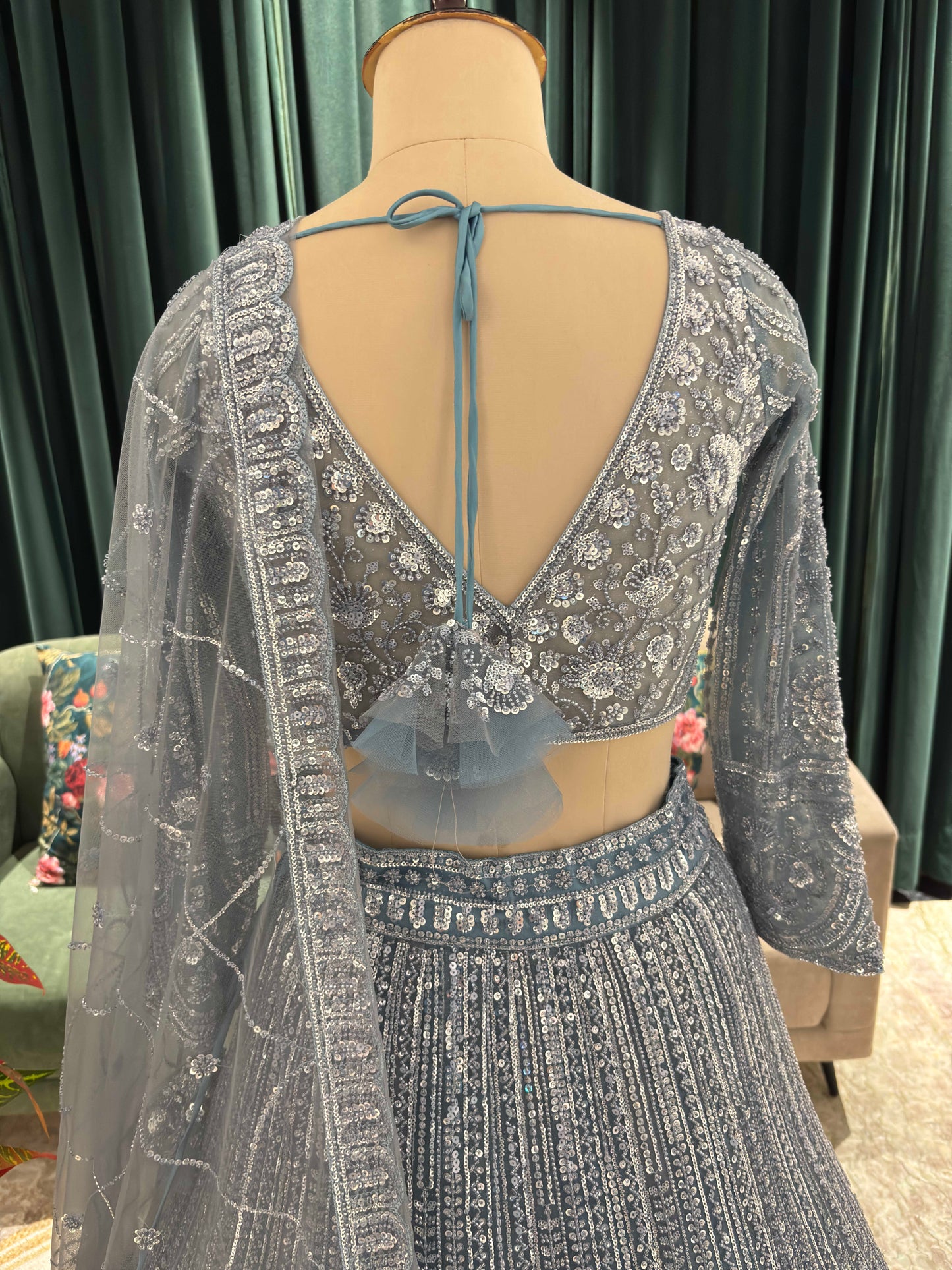 Hand-Embroidered Lehenga in Zari & Sequins with Sheer Dupatta