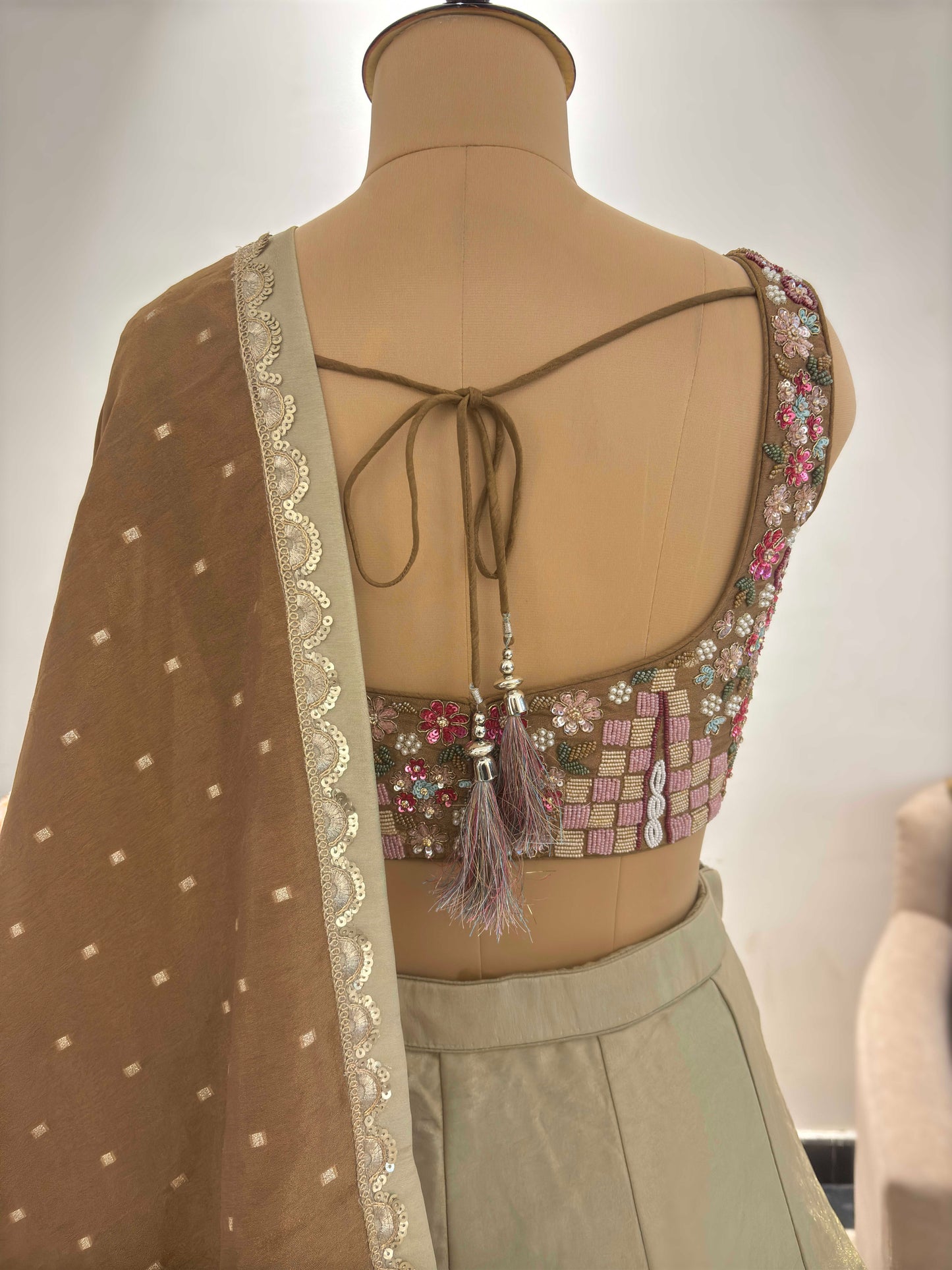 Brown Colour Lehenga with Pearl Sequins & Zardozi Work