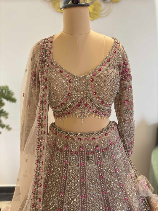 Golden Colour Lehenga with American Diamond & Multi Resham Work