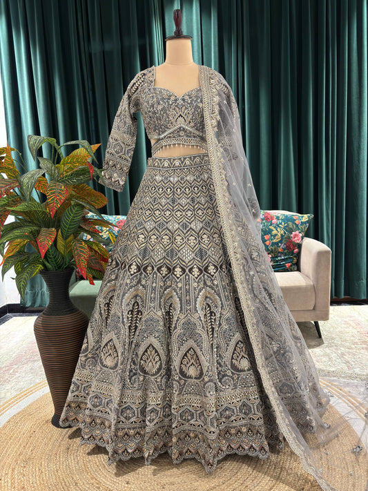 Embellished Lehenga with Intricate Threadwork and Net Dupatta