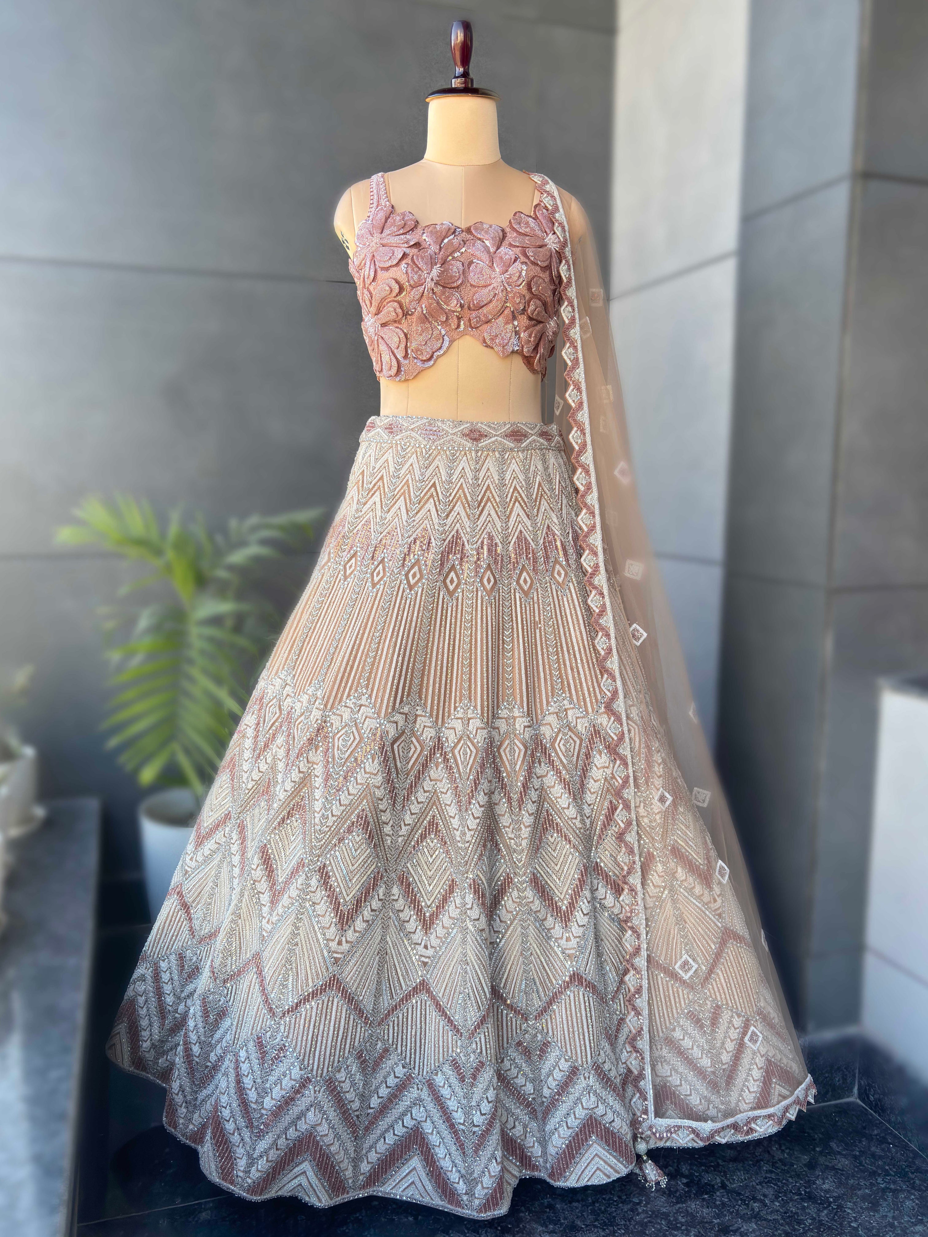 Blush Rose Gold Geometric Embroidered Designer Lehenga Set – Mittal Sarees