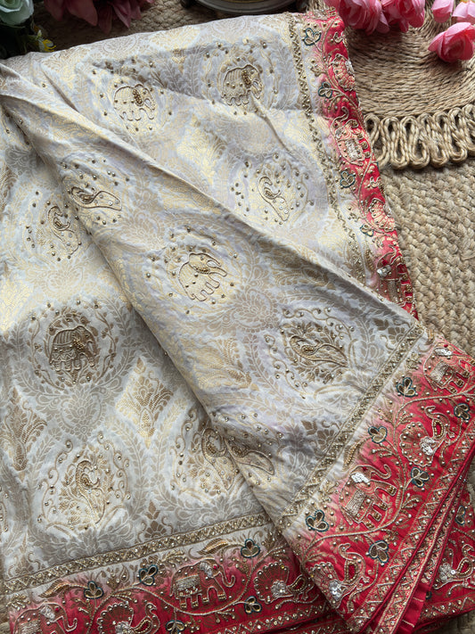 Banarasi Designer Saree with Elephant Motif and Embroidered Border