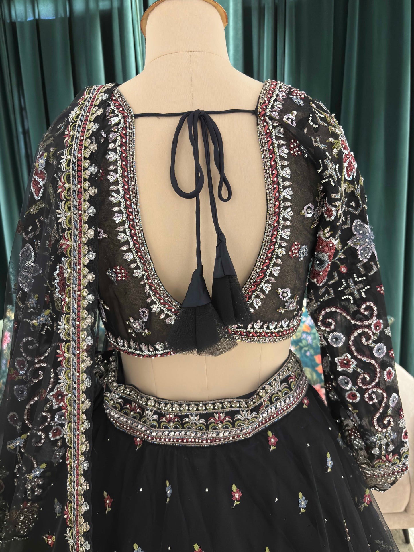 Midnight Black Embroidered Lehenga with Floral Motif Blouse
