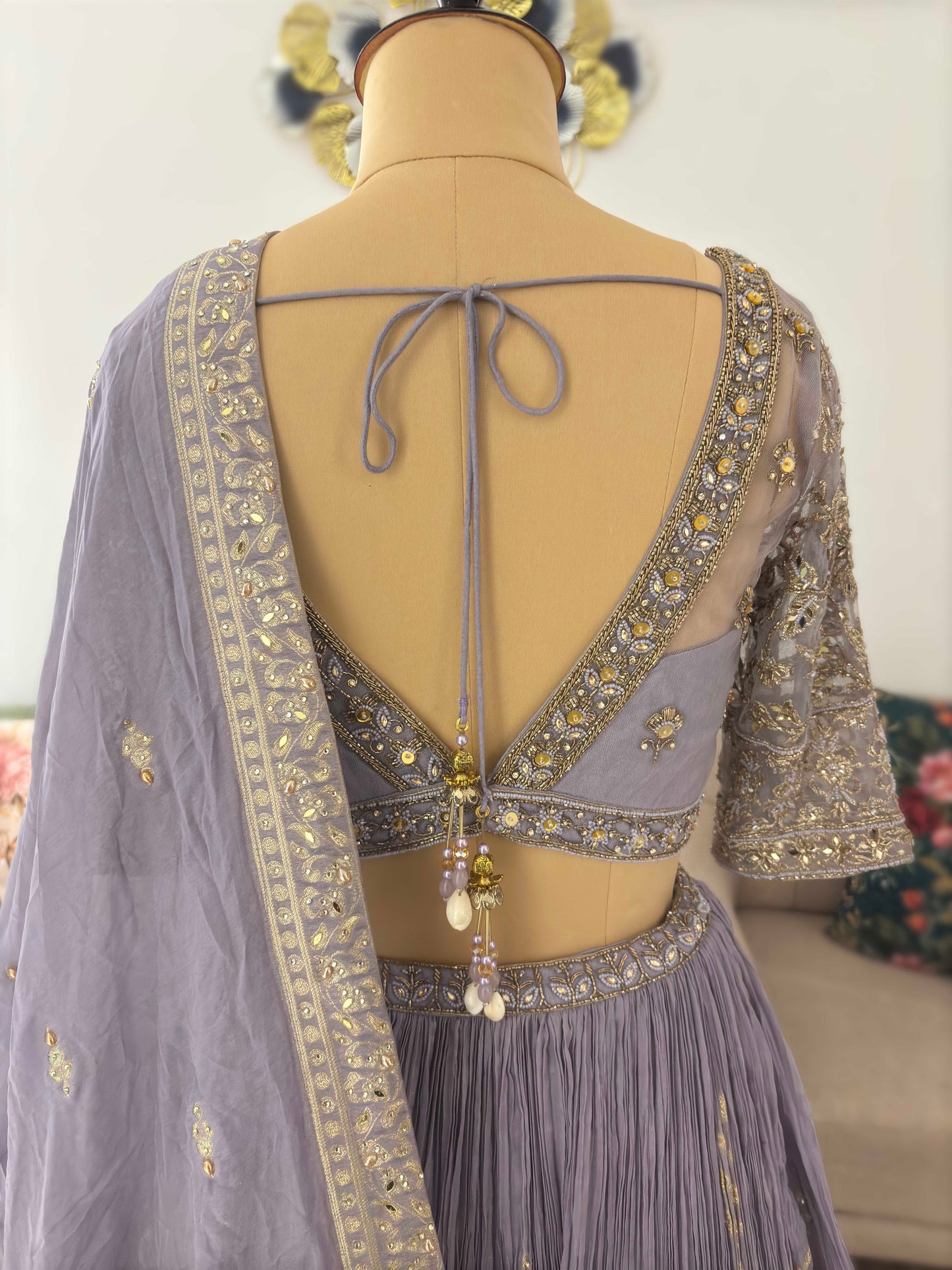 Lavender-Purple Silk Black Lehenga with Miror & Sequins Work