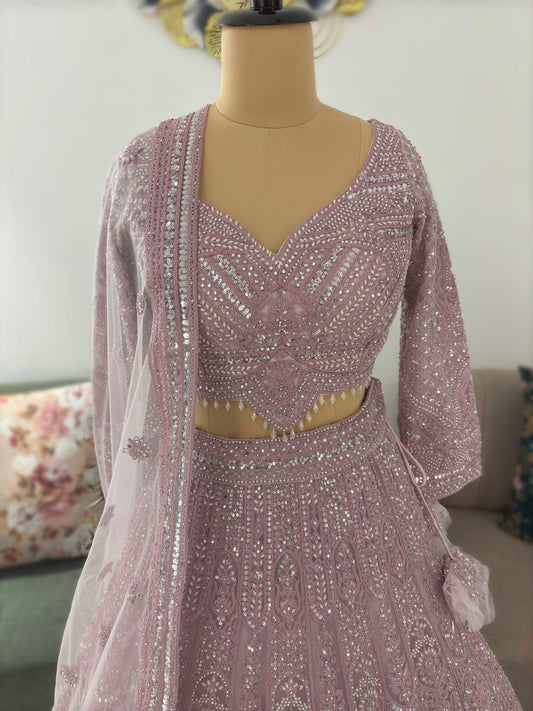 Powder-Purple Designer Lehenga with Miror Sequins & Zari Work
