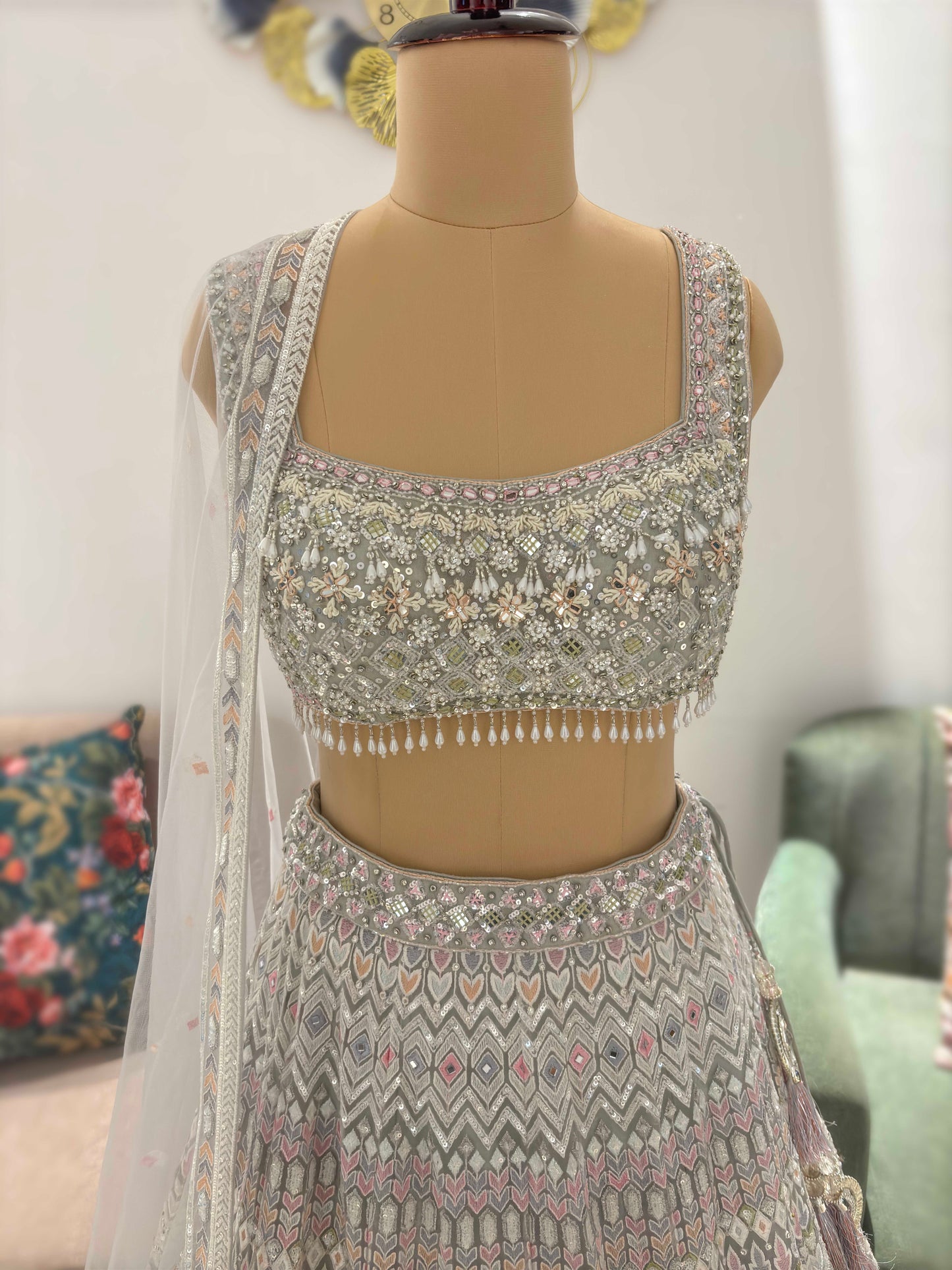 Grey Colour Lehenga with Sequins & Multi Resham Work