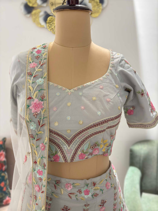 Silver Colour Lehenga with Sequins Knotting & Thread Work