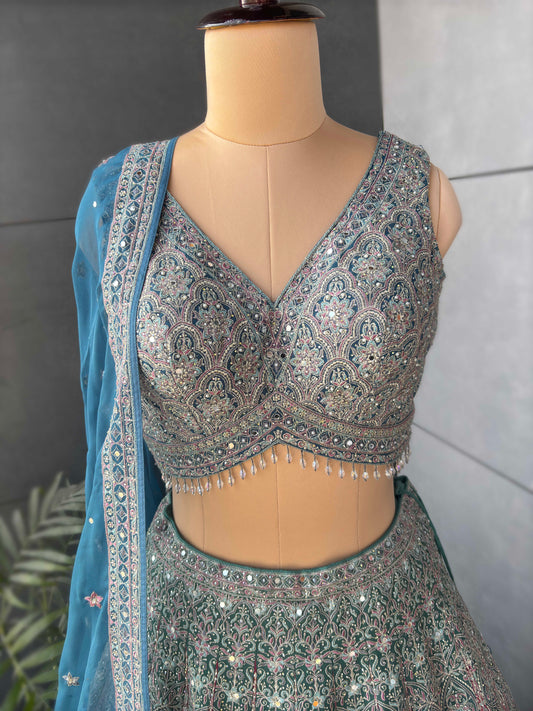 Multi-Colour Lehenga with American Diamond & Multi Resham Work