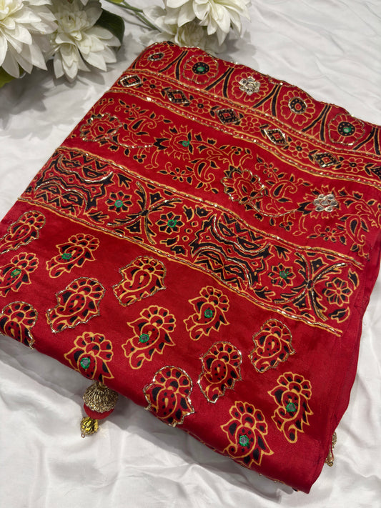 Vibrant Red Printed Saree with Traditional Floral & Ethnic Motifs
