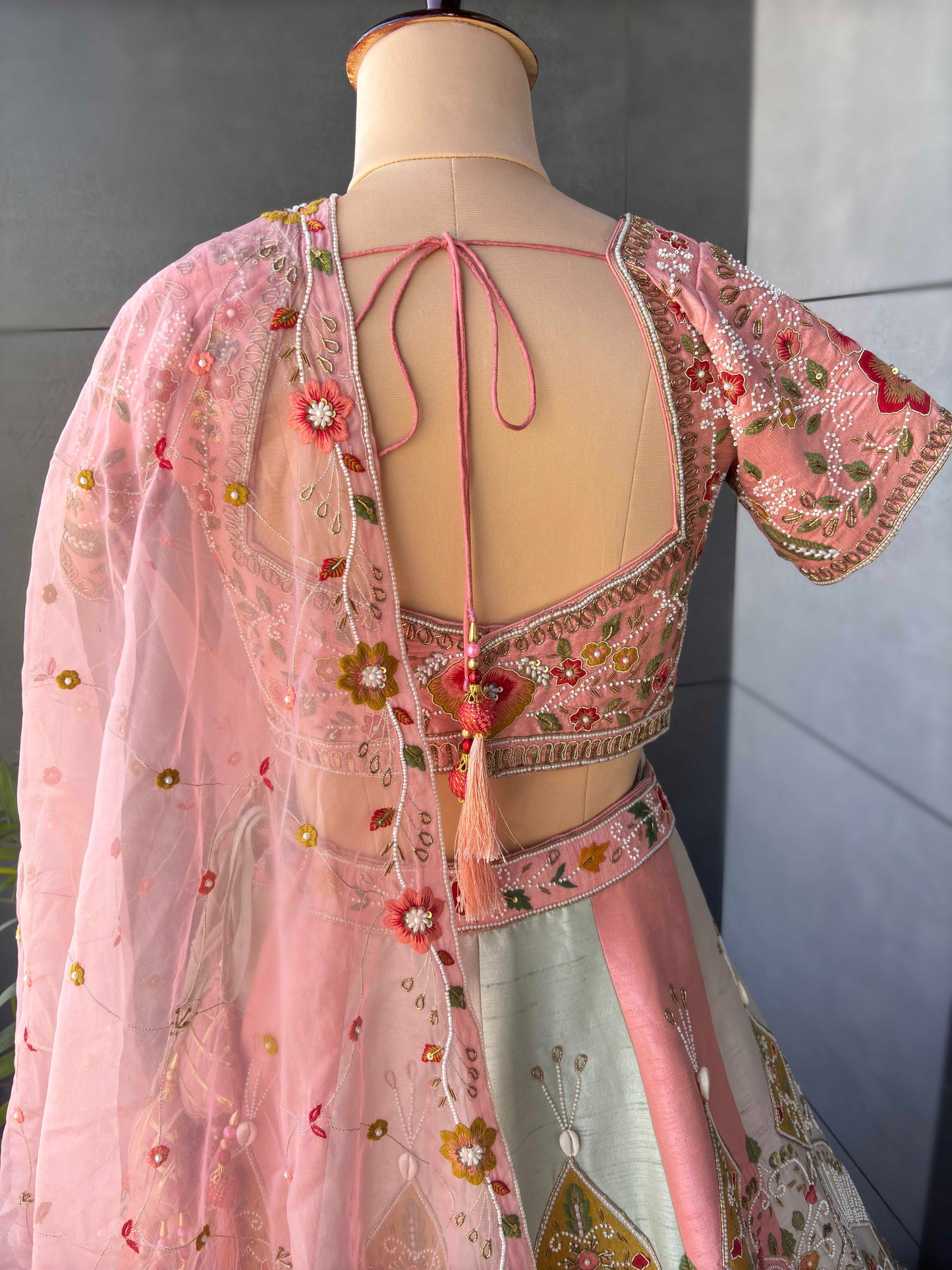 Pastel Multicolor Embroidered Lehenga with Organza Dupatta