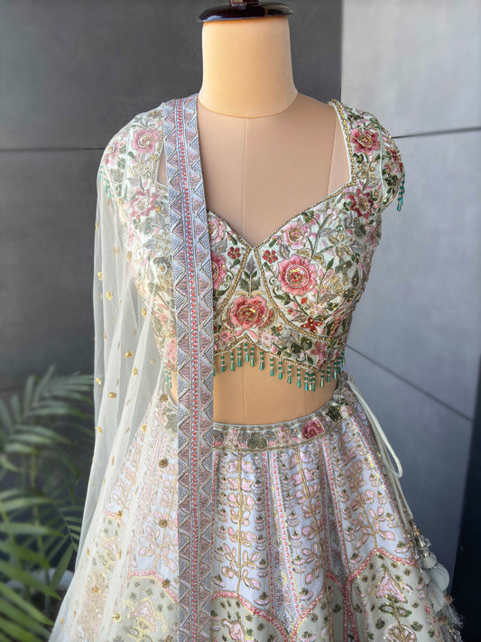 Multi-Colour Silk Designer Lehenga with Sequins & Resham Work