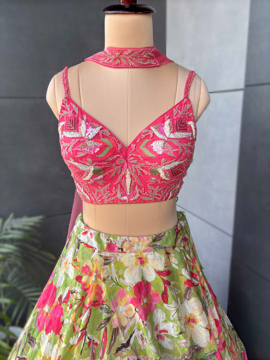 Crepe Floral Print Lehenga with Designer Blouse