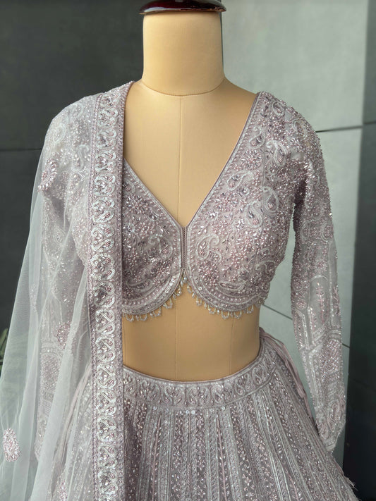 Soft Lilac Heavy Embroidered Non-Bridal Lehenga with Net Dupatta