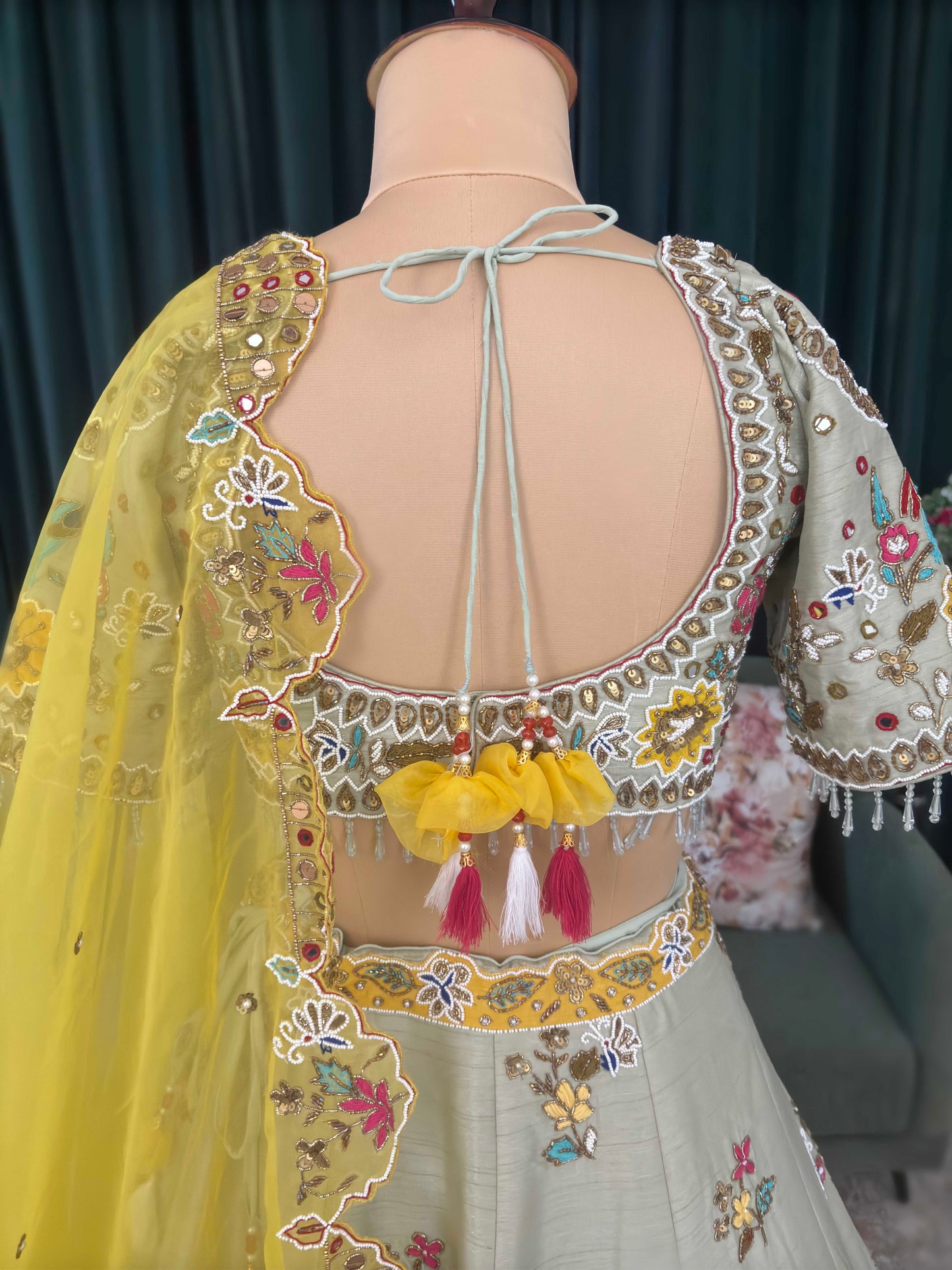 Pastel Green Silk Embroidered Lehenga with Yellow Organza Dupatta