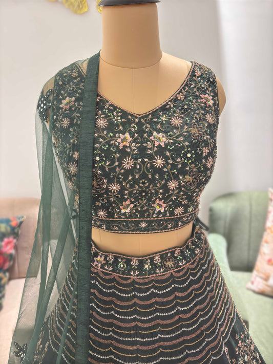 Green Colour Lehenga with Zari Sequins & Matallic Work