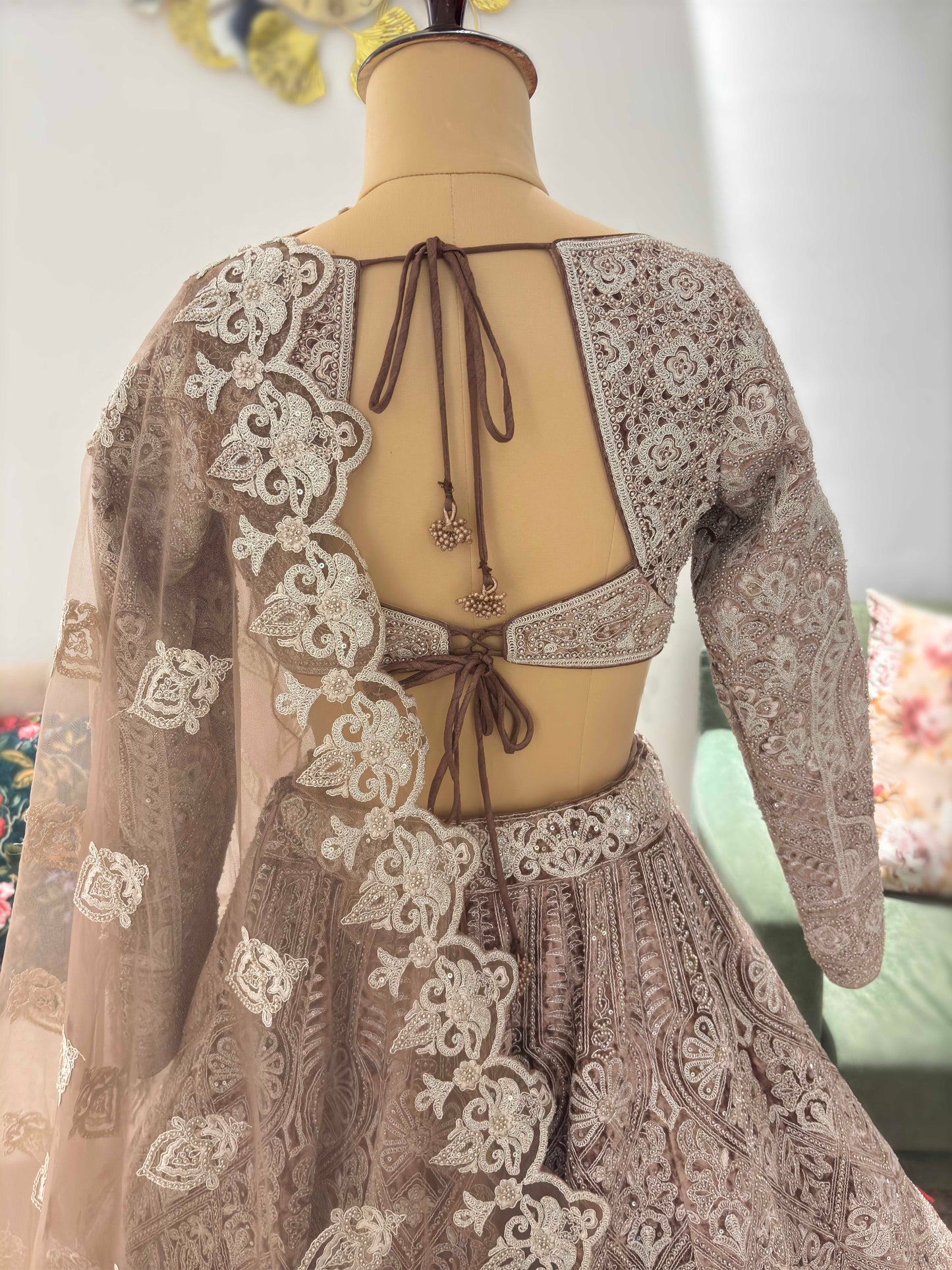 Taupe Brown Embroidered Lehenga Choli with Net Dupatta