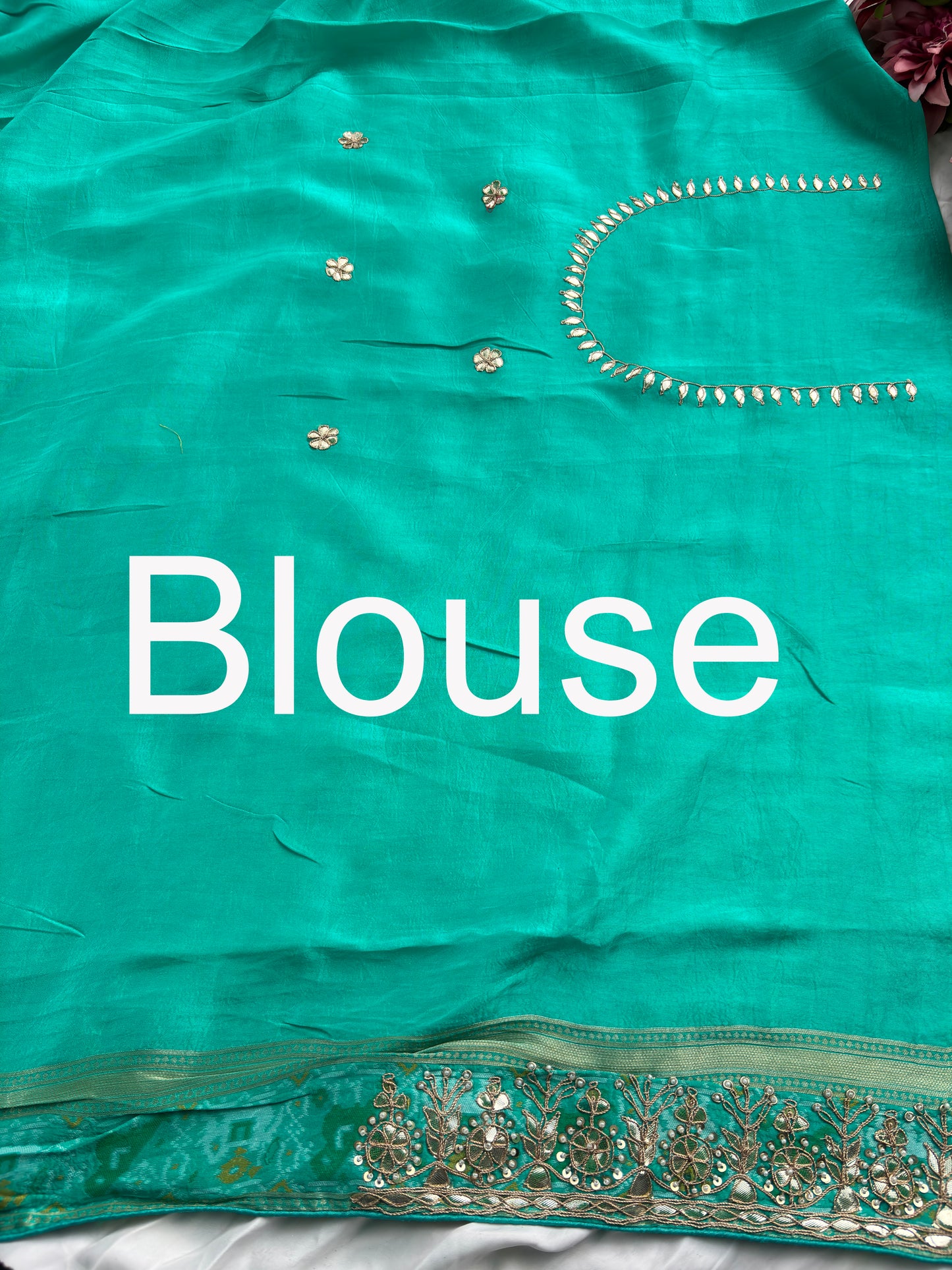 Teal Green Patola Silk Saree with Gota Patti Floral Embroidery & Pearl Work