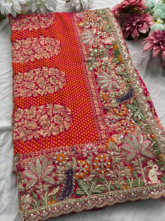 Saree with Heavy Multicolour Zardozi Floral & Fauna Embroidery | Pearl & Sequin Border