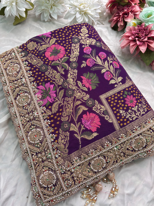 Saree with Multicolour Meenakari Floral Jaal Weave & Heavy Pearl Zardozi Border