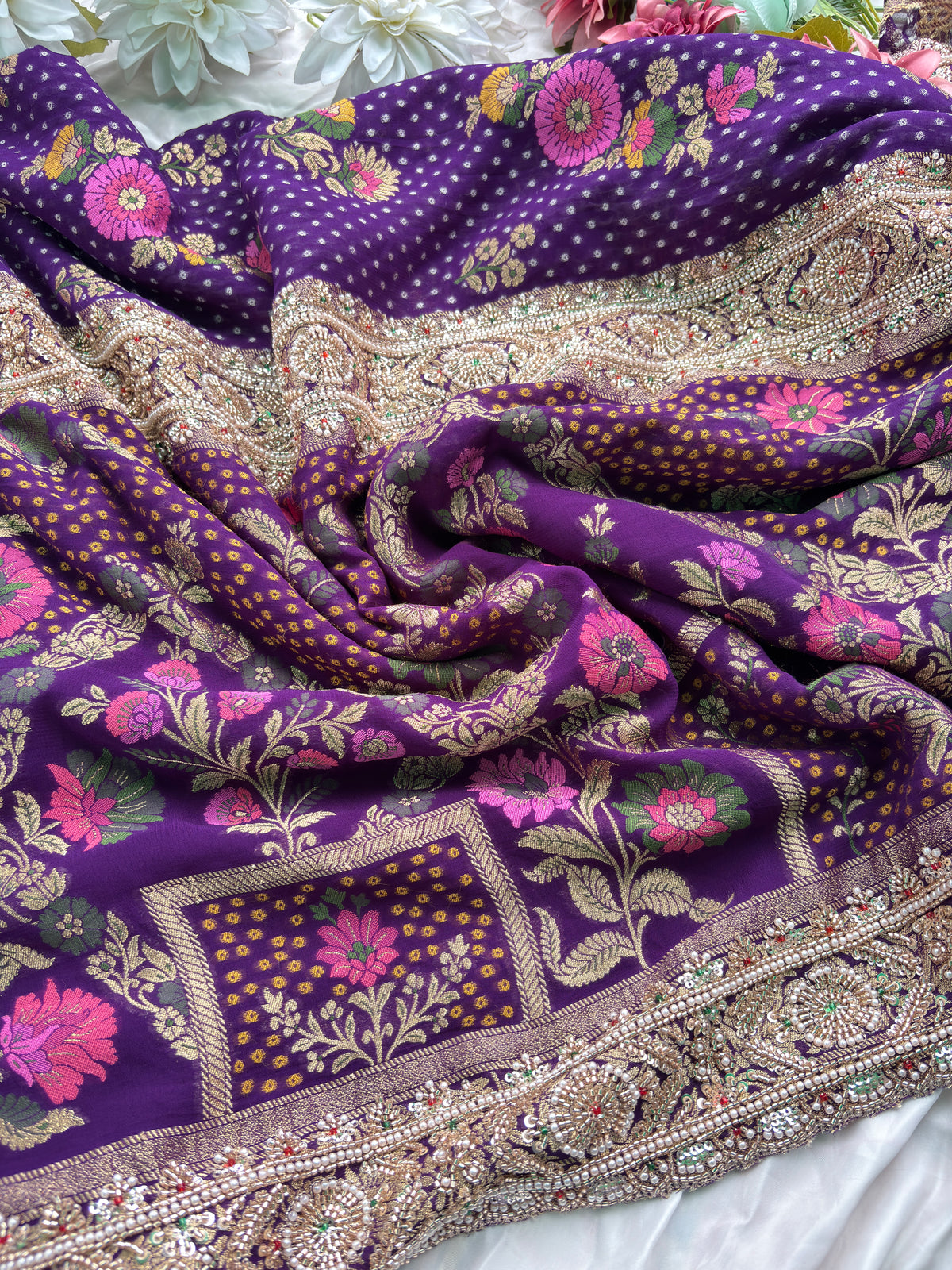 Saree with Multicolour Meenakari Floral Jaal Weave & Heavy Pearl Zardozi Border