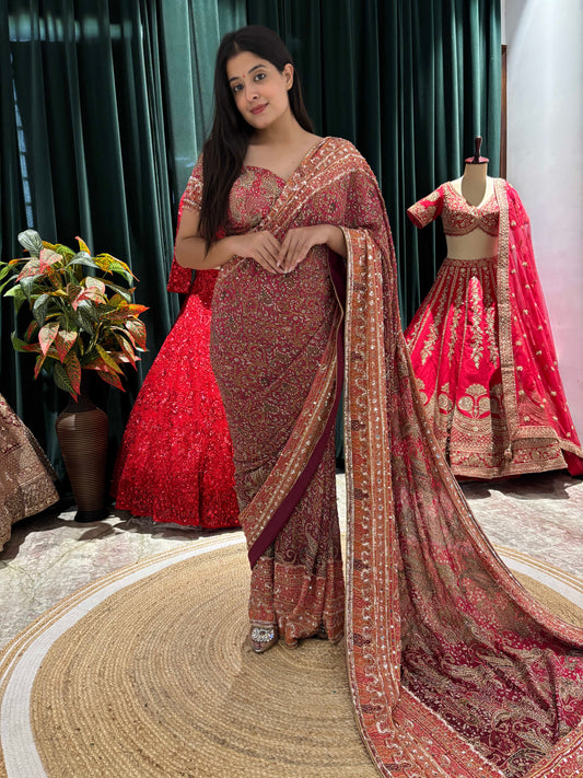 Maroon Printed Saree with Antique Zari Border & Matching Blouse