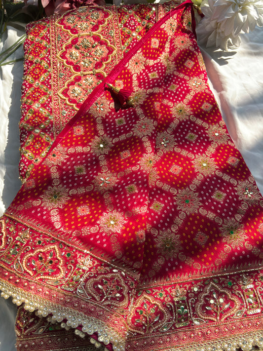 Bridal Red Dseigner Saree with Heavy Embroidery & Pearl Border