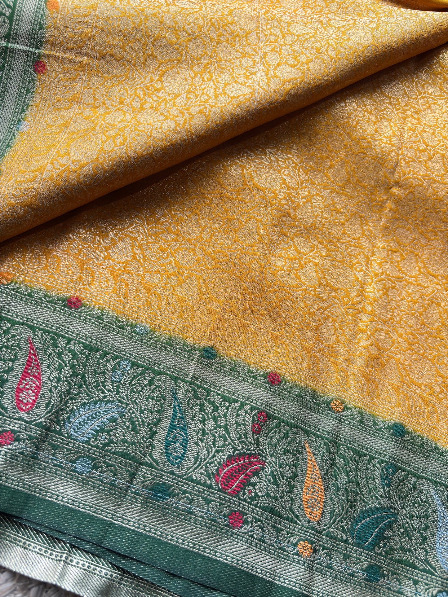 Mustard Yellow Banarasi Kanchipuram Silk Saree with Green Zari Border