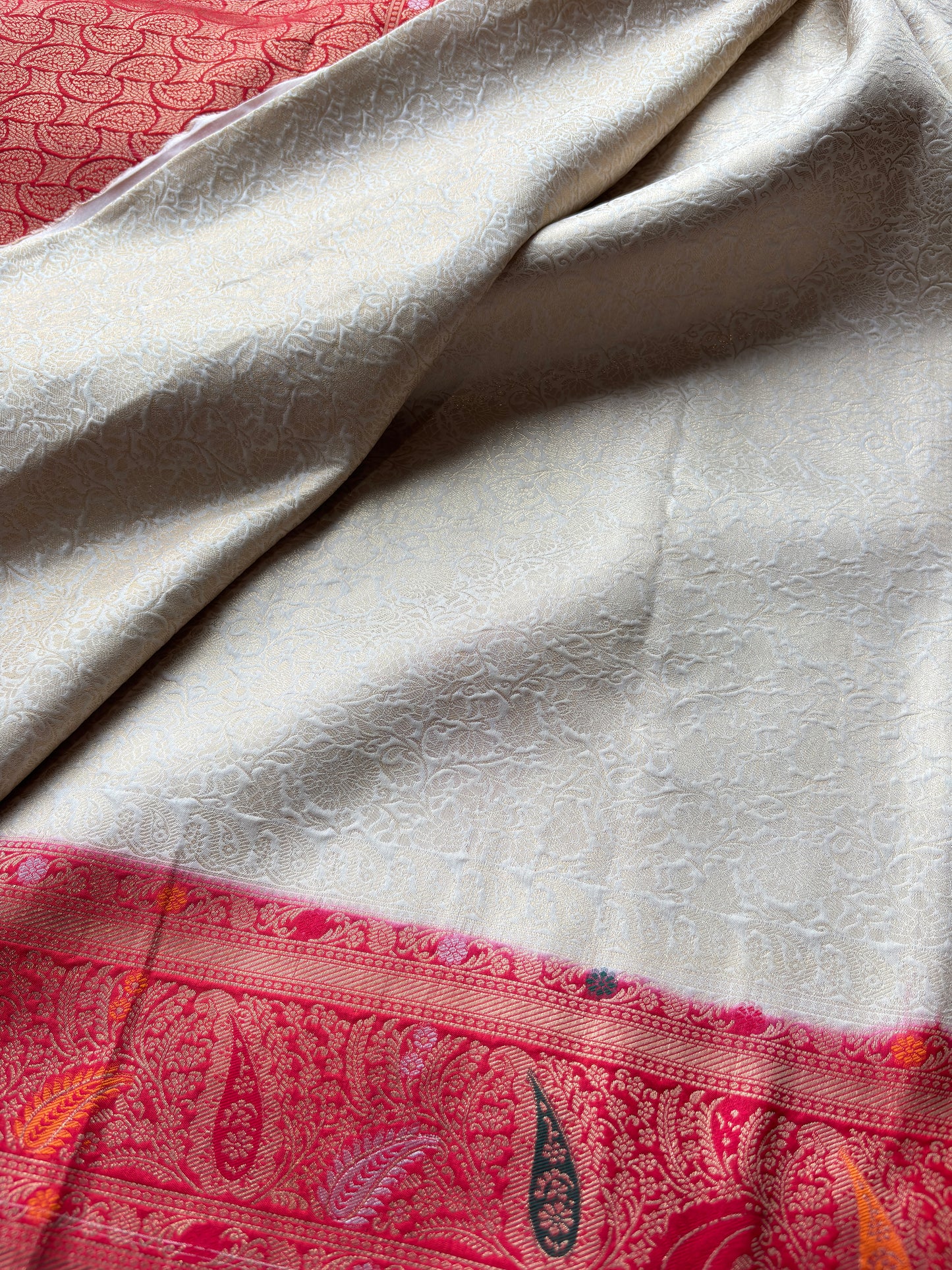Ivory Banarasi Kanchipuram Silk Saree with Green Zari Border