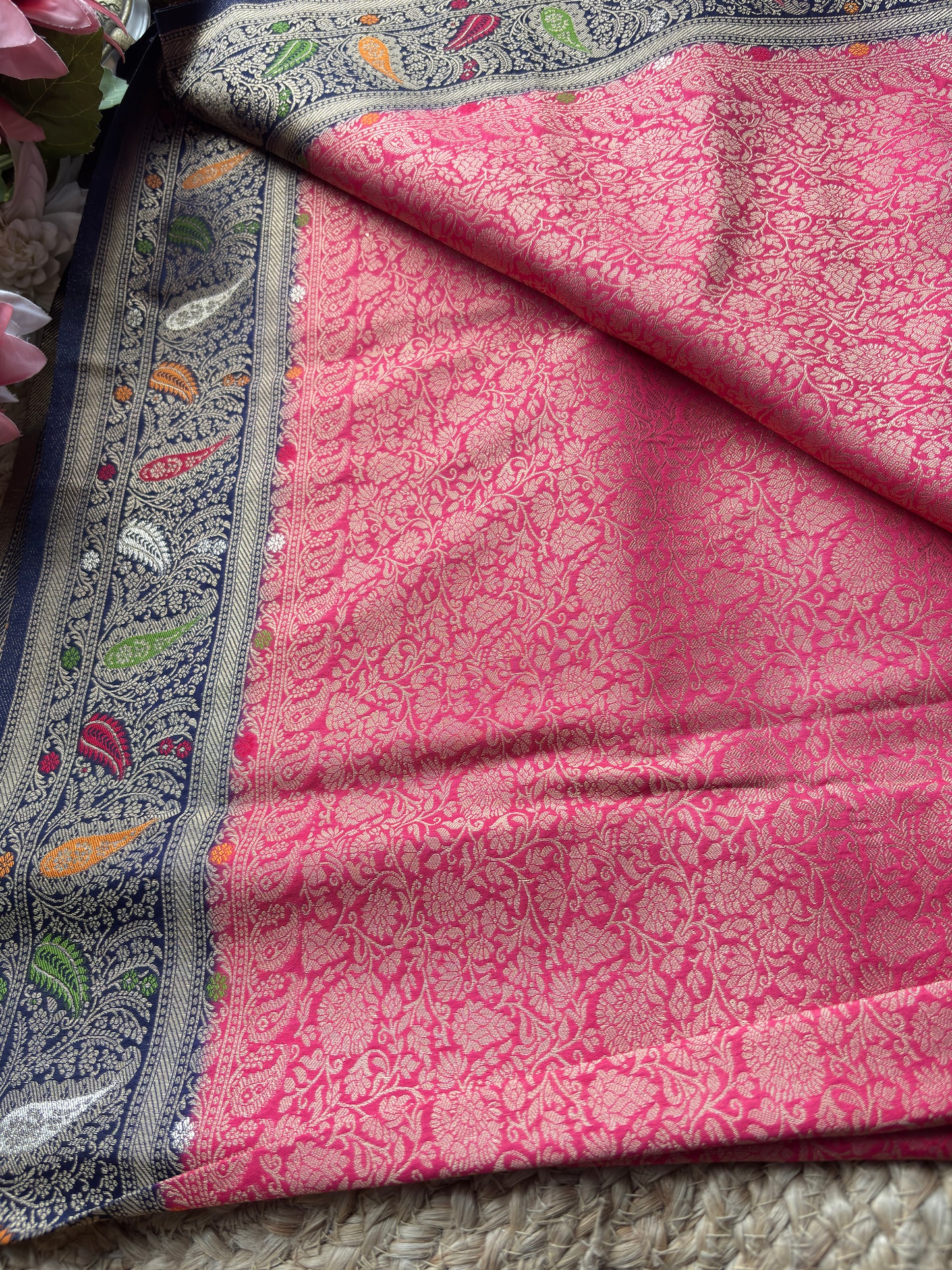 Pink Banarasi Kanchipuram Silk Saree with Green Zari Border
