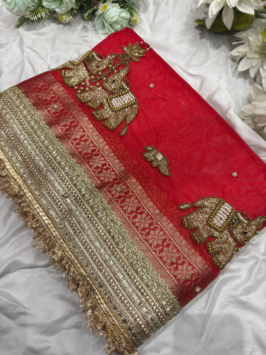 Red Colour Gajraj Maharani Saree With zari border