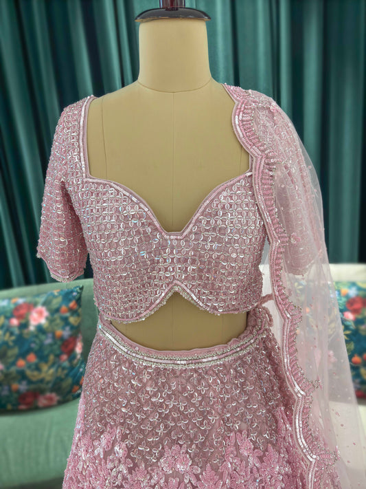 Blush Pink Embroidered Lehenga with Short-Sleeve Blouse