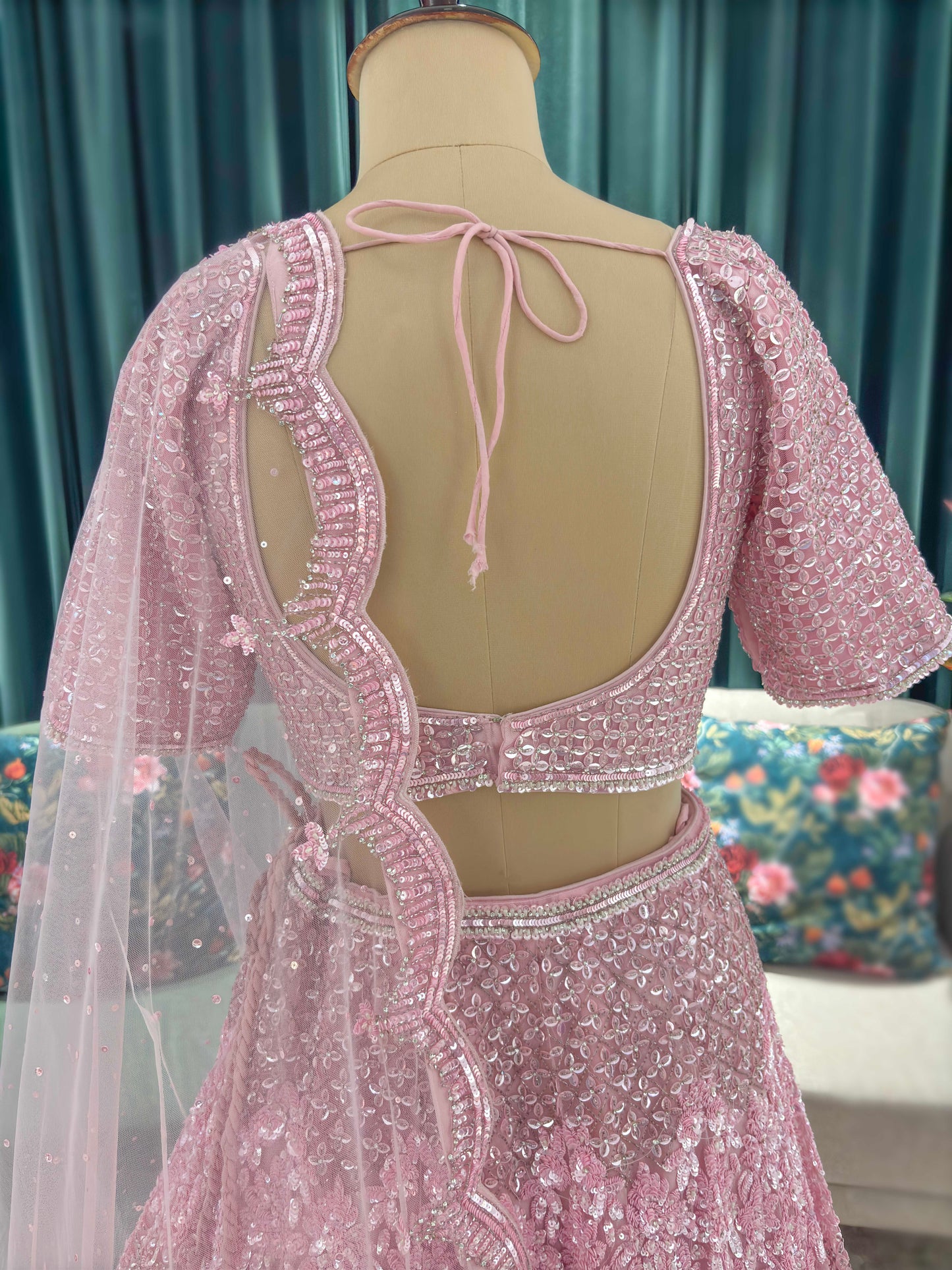 Blush Pink Embroidered Lehenga with Short-Sleeve Blouse