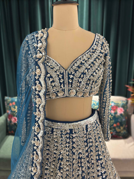 Blue Embroidered Lehenga with Full-Sleeve Blouse & Net Dupatta