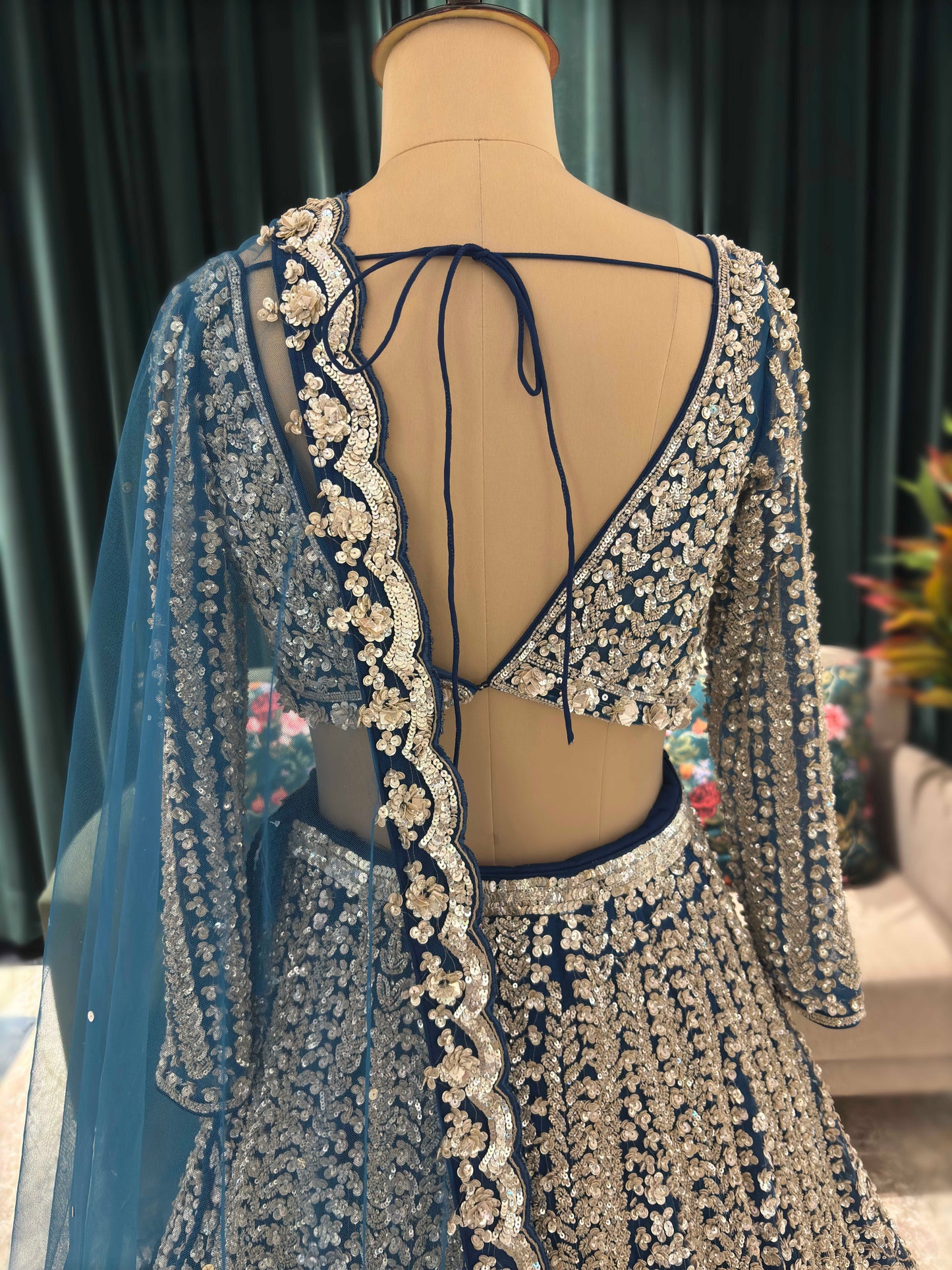 Blue Embroidered Lehenga with Full-Sleeve Blouse & Net Dupatta