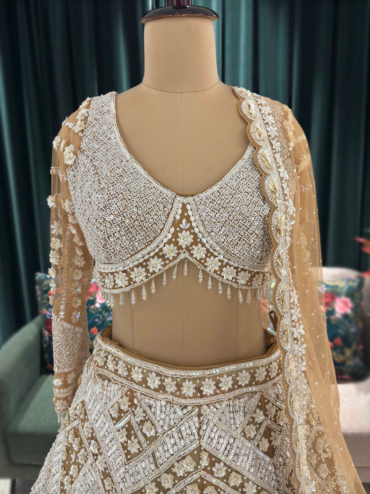 Ivory Gold Embroidered Designer Lehenga Set with Sheer Dupatta