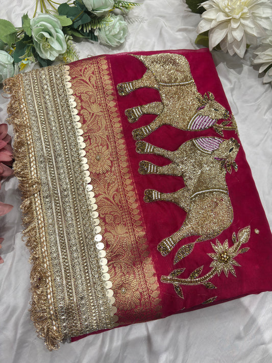 Rani Colour Hand Embroidered Zari Border Designer Saree