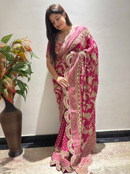 Rani Pink Heavy Embroidered Saree with Zari & Sequin Work