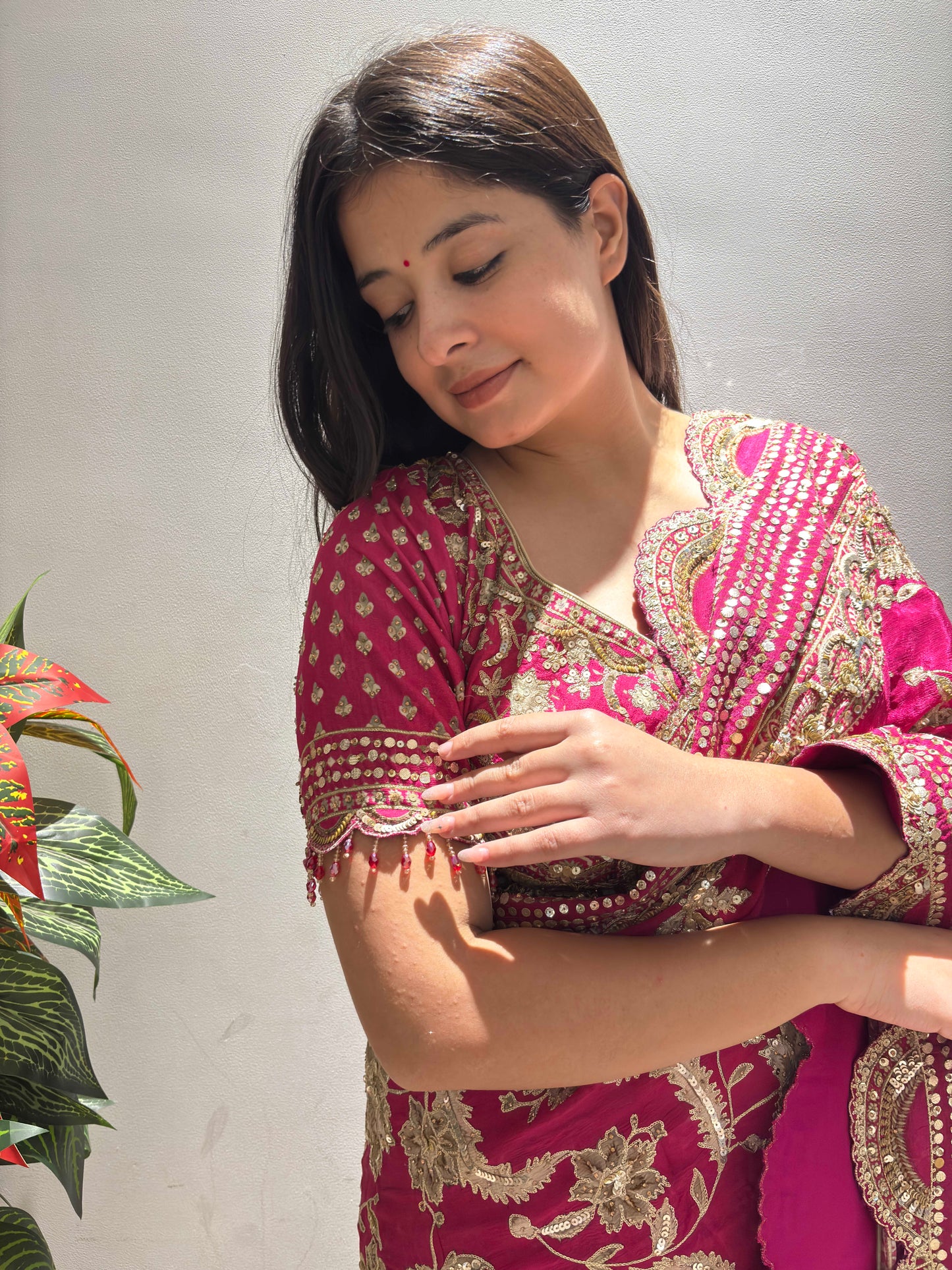 Rani Pink Heavy Embroidered Saree with Zari & Sequin Work