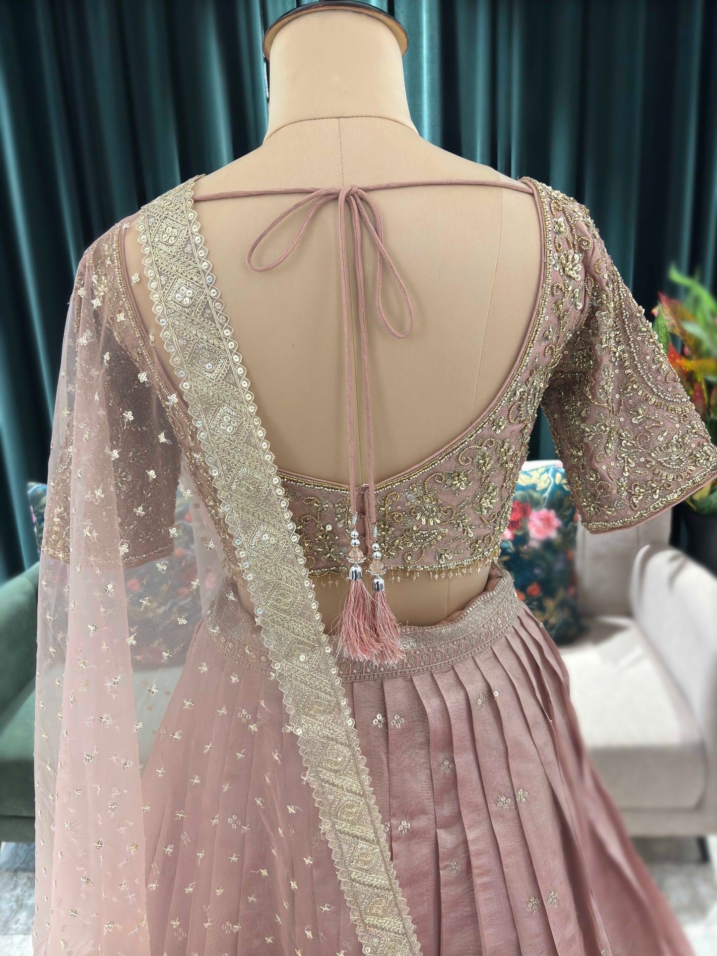 Organza Peach Colour Designer Lehenga with Zari & Sequins Work