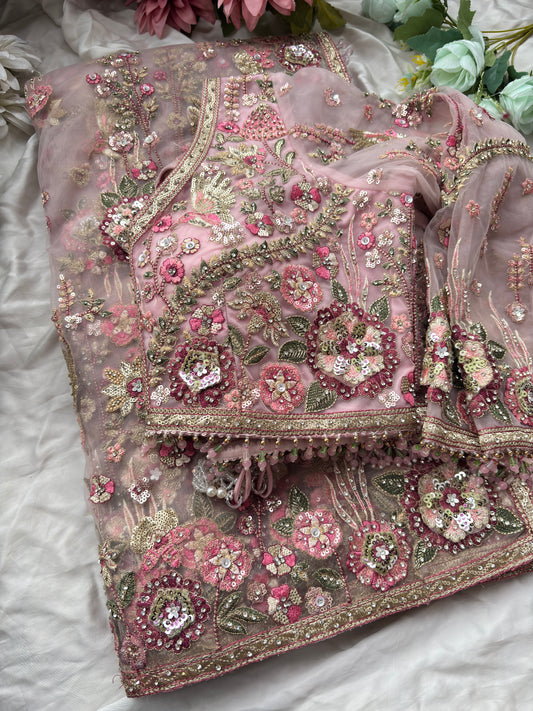 Elegant Pink Net Embroidered Designer Saree with Heavy Floral Sequins Work