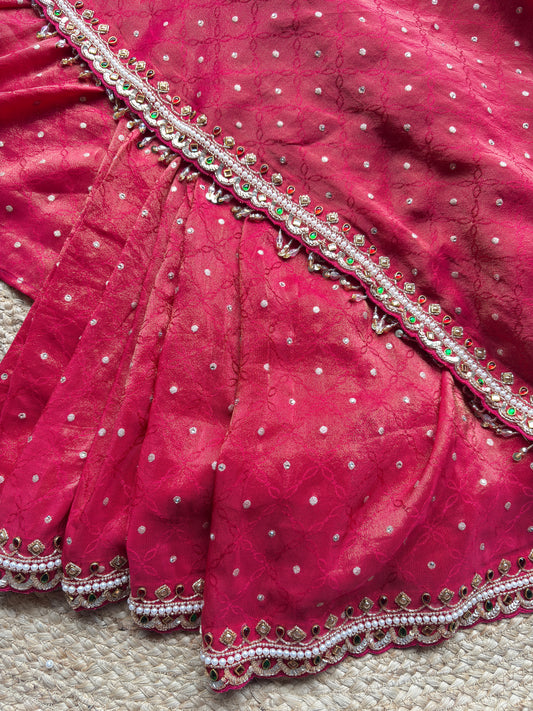 Designer Saree with Heavy Pearl, Mirror & Stone Work Readymade Blouse