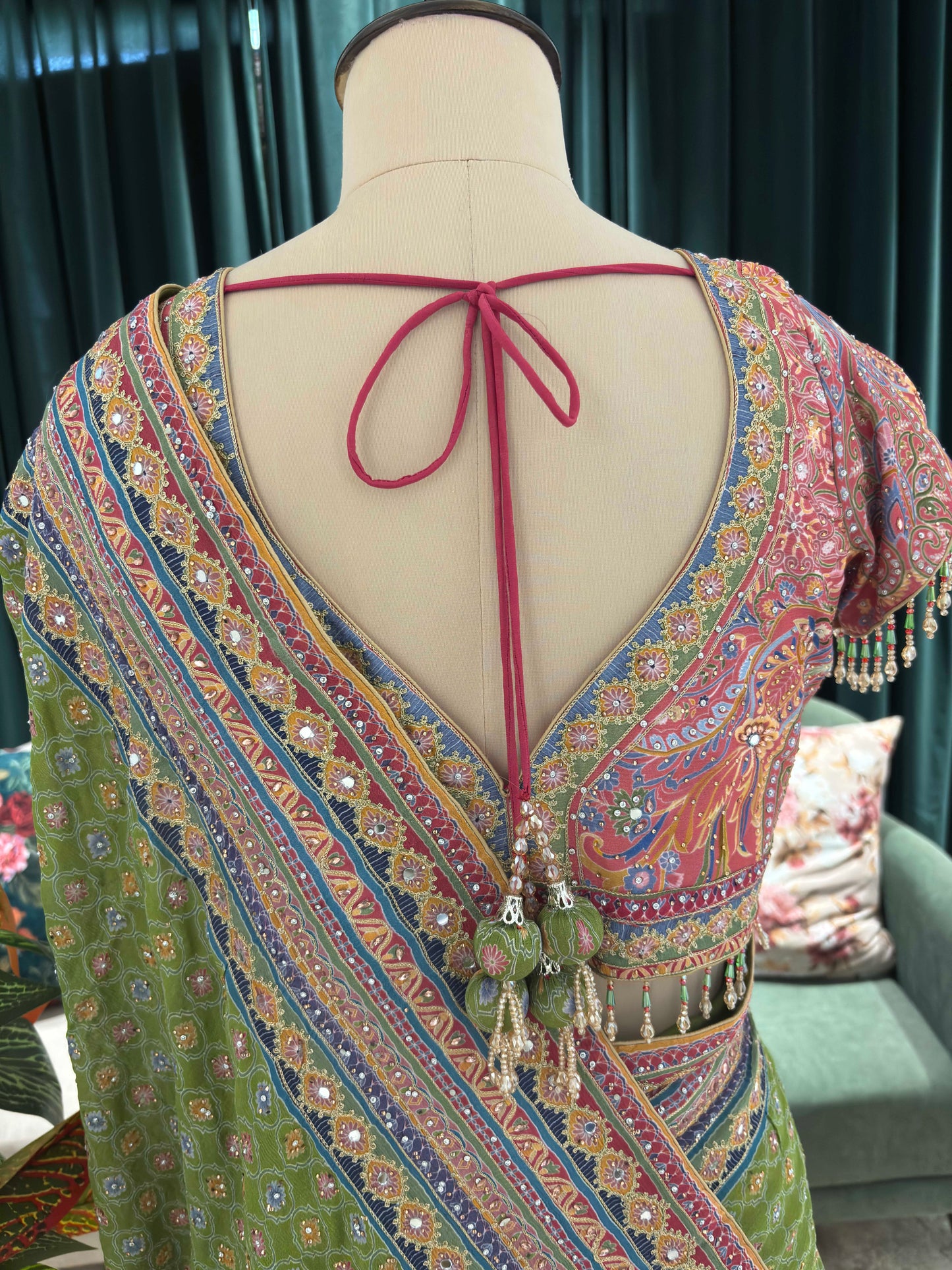 Green Printed Saree with Multicolor Borders and Matching Blouse