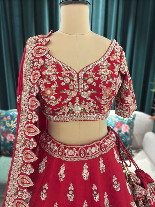 Bridal Red Zari Embroidered Lehenga with Heritage Motif Design